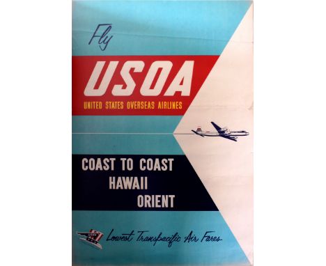 Original vintage travel poster for Hawaii, Fly USOA (United States Overseas Airlines), Coast to Coast Hawaii Orient, lowest t