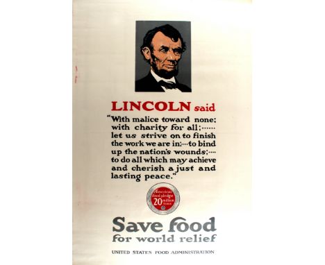 Original vintage World War One poster featuring an image of Abraham Lincoln (1809-1865; US President 1861-1865), with text be