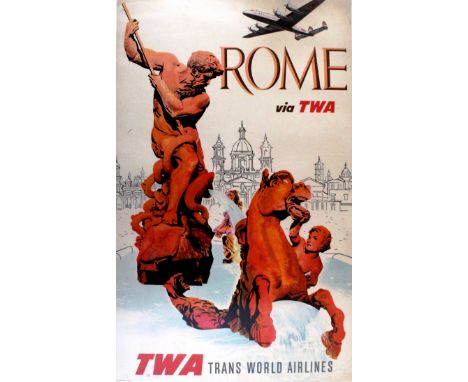 Original vintage travel poster advertising Rome, Italy, via TWA, Trans World Airlines. Great image featuring details of the F