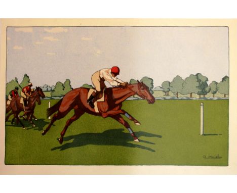 Original vintage horse racing poster featuring jockeys in colourful jersey tops and hats racing their horses across the field