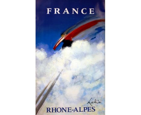Original vintage poster for the Rhone Alps, France. Great design by Georges Mathieu (1921-2012), famous for his Air France po