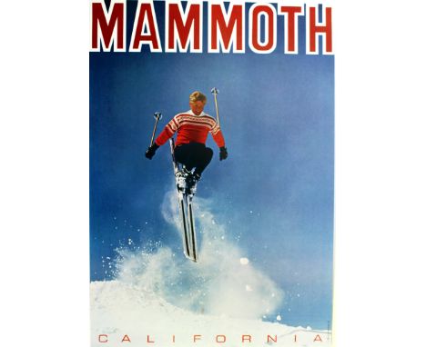 Original vintage skiing poster for Mammoth, California, featuring a skier jumping from a hill. Printed by Looart, Colorado Sp