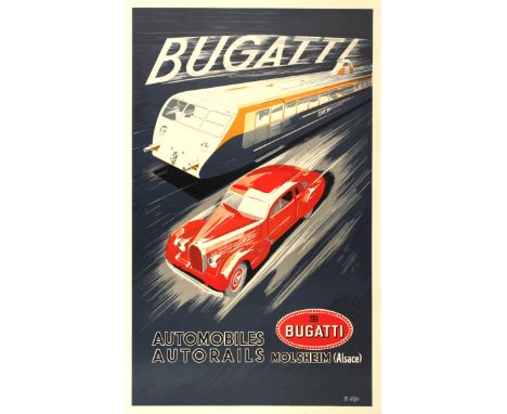 Original vintage advertising poster for Bugatti (founded 1909), the French manufacturer of cars and Bugatti Railcar trains (1