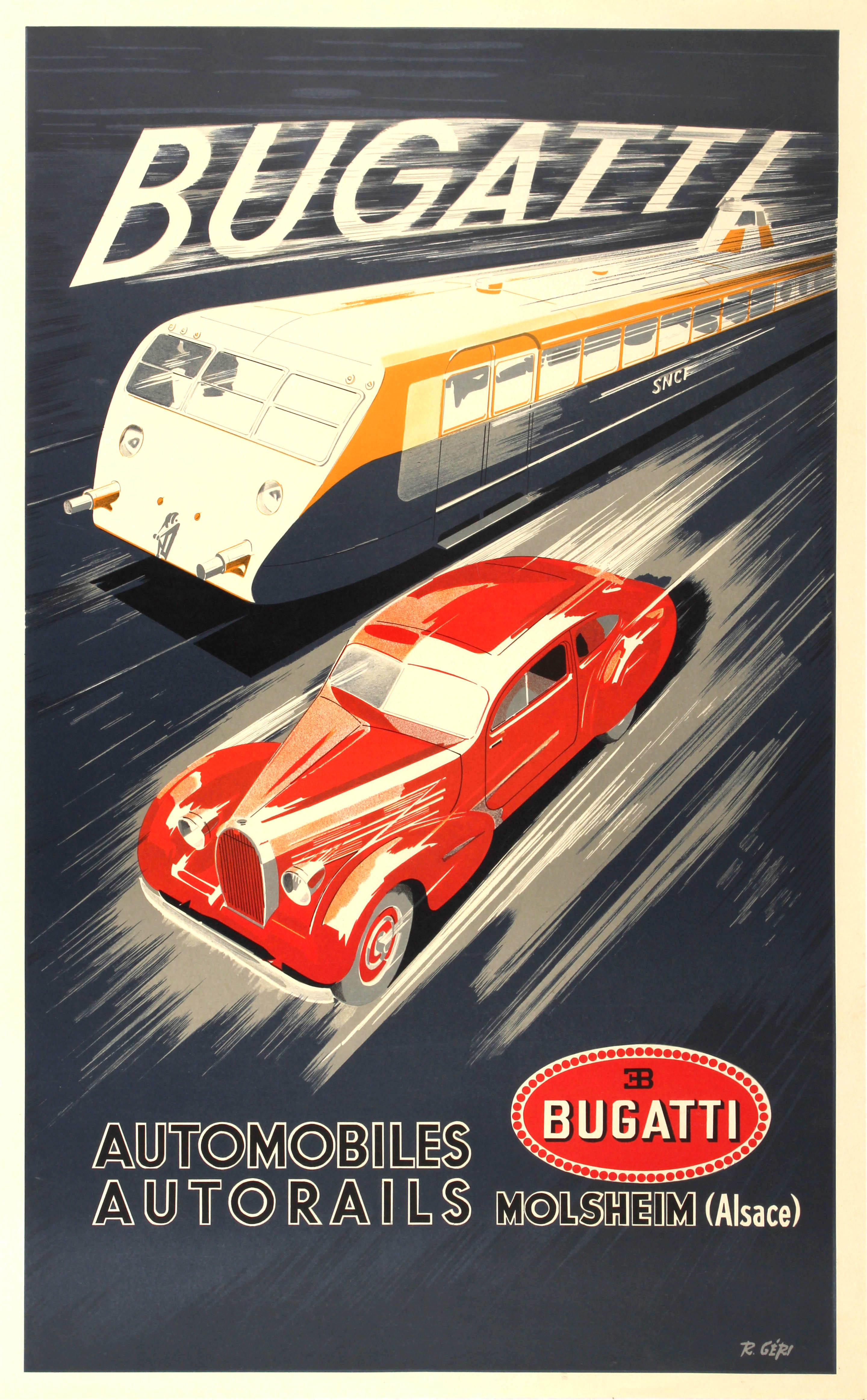 Original vintage advertising poster for Bugatti (founded 1909), the ...