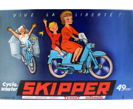 Original vintage advertising poster for Skipper cyclo scooter, Vive la Liberte! (long live freedom) bicycle scooters, sold ex