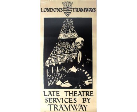 Original vintage poster for London's Tramways - Late Theatre Services by Tramway - by the British painter and wood engraver, 