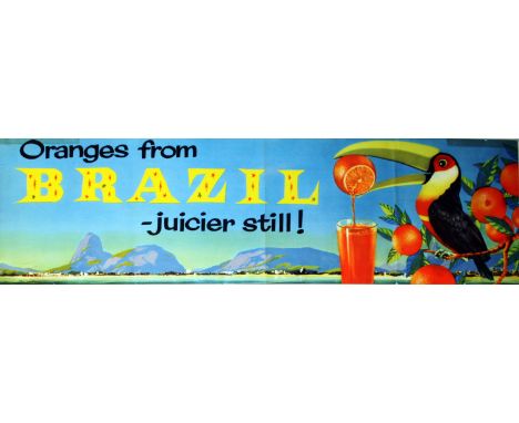 Original vintage health food advertising poster: Oranges from Brazil - juicier still! Panoramic view of Rio de Janeiro (in Br