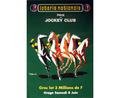 Original vintage National Lottery advertising poster for the Loterie Nationale - Jockey Club. Great design of a horse race by