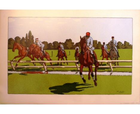 Original vintage horse racing poster featuring competitors in uniform, their horses jumping over a hurdle on a cross-country 