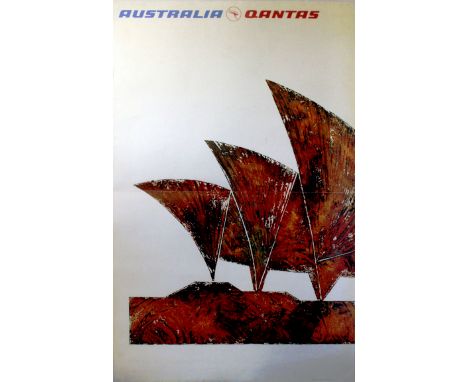 Original vintage poster advertising Australia by Qantas featuring a stylised image of the Sydney Opera House by the notable A