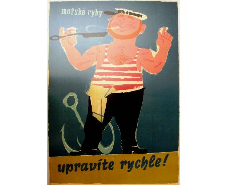 Original vintage advertising poster for Sea Fish featuring a fun and colourful cartoon style image of a sailor/fisherman with