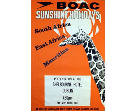 Original vintage advertising poster promoting BOAC flights to South Africa, East Africa and Mauritius. Presentation in Dublin