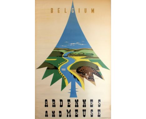 Original vintage travel poster for Belgium - Ardennes and Meuse - featuring a countryside scene of a river flowing through gr