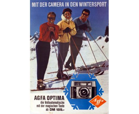 Winter Sport with Agfa Camera Original vintage poster featuring three smiling skiers on a ski slope with the mountains in the