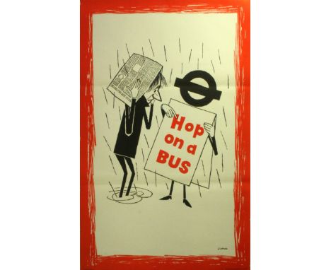 Original vintage advertising poster featuring a fun image of a sandwich style billboard with a London Transport logo pointing