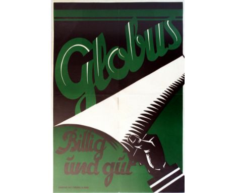 Original vintage advertising poster for Globus - billig und gut (cheap and good). Modernist design in green and black featuri