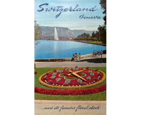 Original vintage travel poster for Switzerland Geneva ... and its famous floral clock featuring a colour photographic view of