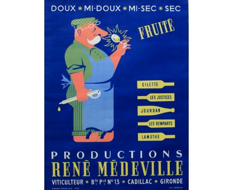 Original vintage drink advertising poster for Rene Medeville showing a wine taster (or sommelier) tasting a glass of wine. Pr