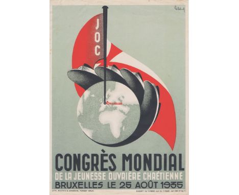 Original vintage advertising poster for the World Youth Christian Congress, Brussels 1935. Rare poster for the the first Inte