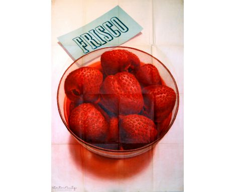 Original vintage food advertising poster for Frisco brand featuring a great image of a fruit bowl full of ripe strawberries r
