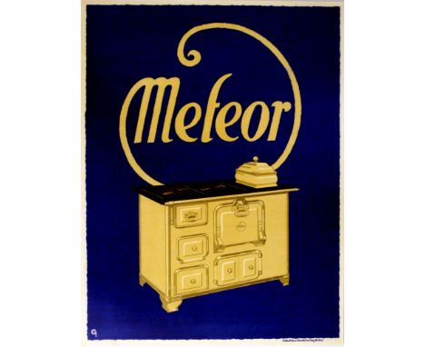 Original vintage advertising poster for Meteor aga style stove featuring an image of the oven on a blue background. Signed wi