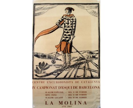 Original vintage poster for the 1968 Barcelona Ski Championships. Image designed in 1926 featuring a lady wearing a hat, long
