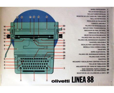 Original vintage poster advertising the Olivetti Linea 88 typing machine. Schematic depiction of the functions of this typewr