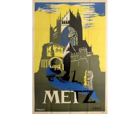 Original vintage travel advertising poster for Metz, a historical city in France, featuring a depiction of a river (Moselle) 