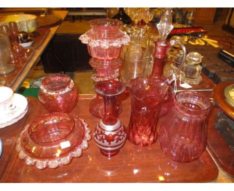 Victorian Ruby Glass Wine Jug, 4 Vases and 2 Dishes
