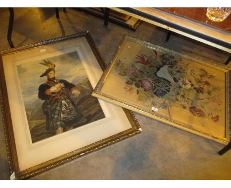 Victorian Tapestry Picture and a Print of a Highlander