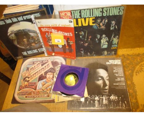 1964 Rolling Stones Magazine, 2 Rolling Stones LPs, 2 Signed Arlo Guthrie LPs and John Lennon Singles