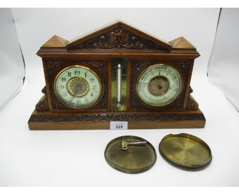 Victorian Carved Oak Cased Clock/Aneroid Barometer, 39cm wide, 22cm high, some faults
