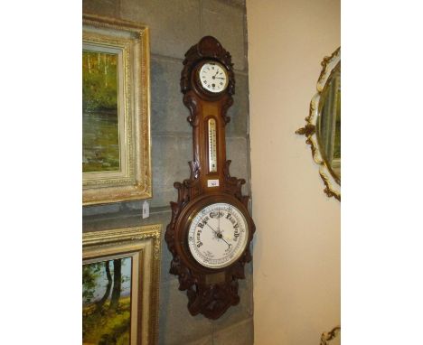 Carved Oak Case Aneroid Barometer and Clock