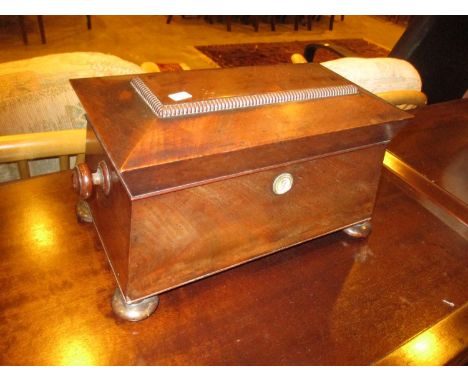 19th Century Mahogany Sarcophagus Tea Caddy with Glass Mixing Bowl