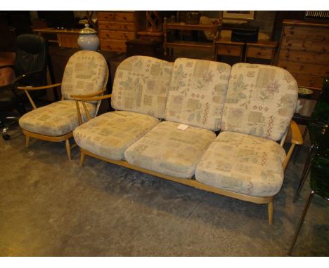 Ercol Light Wood 3 Seat Settee and Lounge Chair