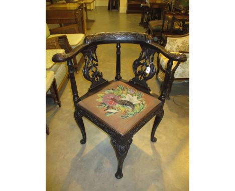Victorian Carved Oak Gothic Design Corner Chair having a Tapestry and Beadwork Seat