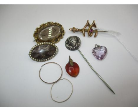 Two Mourning Brooches Containing Woven Hair, Faulty Wishbone Brooch, Stick Pin and 2 Pendants