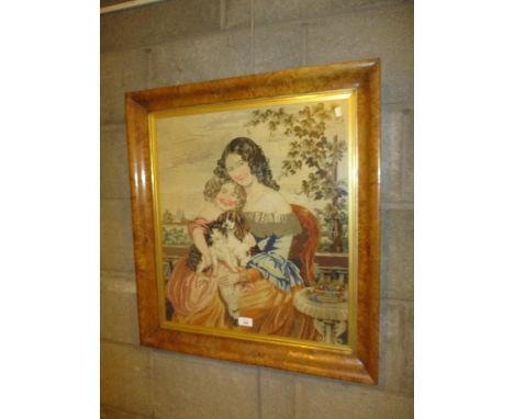 Victorian Maple Framed Tapestry of a Mother and Child, 57x51cm