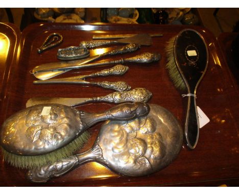 William Comyns Silver Back Hand Mirror and Hair Brush along with Silver Handle Button Hook, Shoe Horns, Glove Stretchers etc