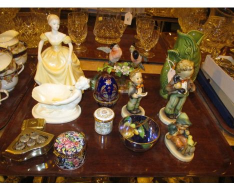 Coalport and Hummel Figures, Small Maling Dish, Gurgle Jug etc