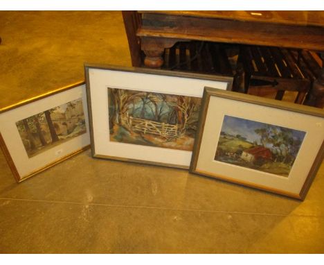 Elizabeth Haines Watercolour of a Farm Gate and an Oil Painting of a Farm Scene, along with a Continental Scene Picture