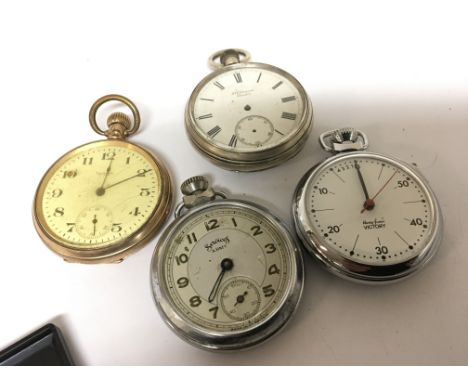 A Gold plated button wind pocket watch a silver pocket watch a stop watch and one other sold as seen.