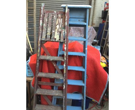 Blue painted wooden step ladders and another set 