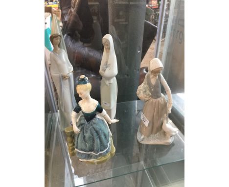 Doulton figure Clarinda, two Nao figures and another 