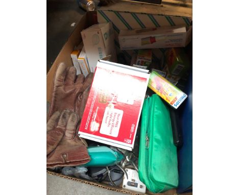A box of misc including light bulbs, first aid kit etc 
