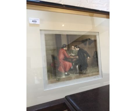 A mezzotint colour print depicting three men sat at a table after W.A. Cox, signed in pencil. 