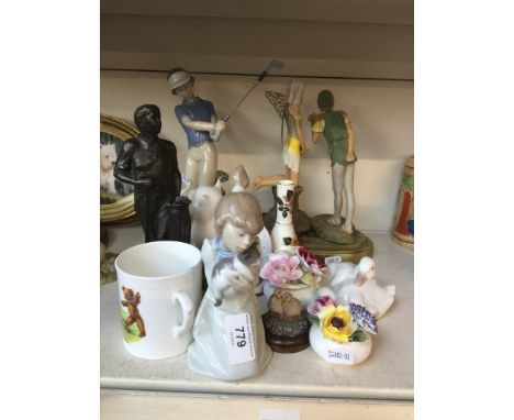 Small Lladro figure of a girl, Nao golfer and small ornaments and figures 