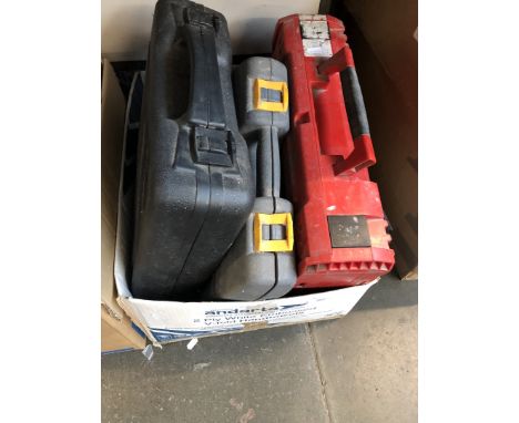A box containing various electrical tools including Milwaukee, Ryobi, Workzone, Black &amp; Decker, etc 