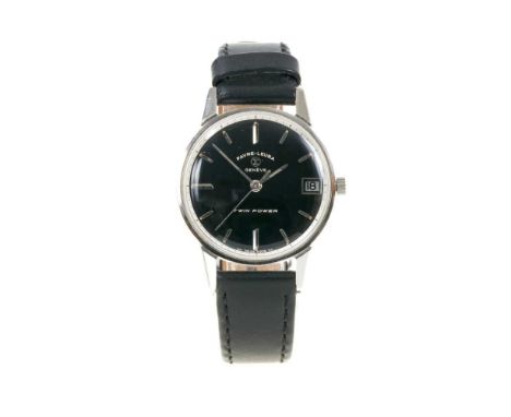 1960s Favre-Leuba Twin Power wristwatch with manual wind movement, circular black dial, sweep second hand, applied baton hour