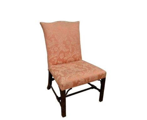 George III mahogany upholstered side chair, in the Chinese Chippendale style, with arched damask upholstered back and seat on